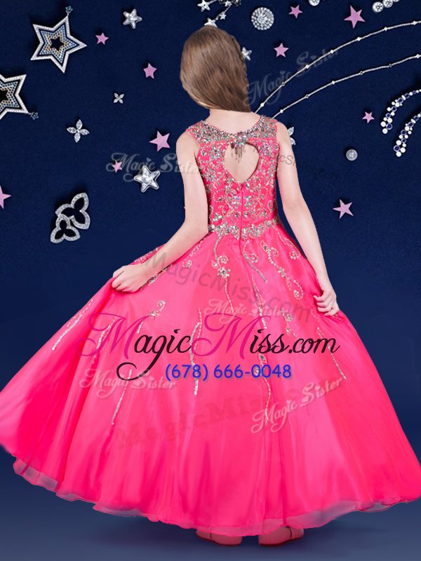 wholesale discount hot pink a-line organza scoop sleeveless beading floor length zipper little girls pageant dress
