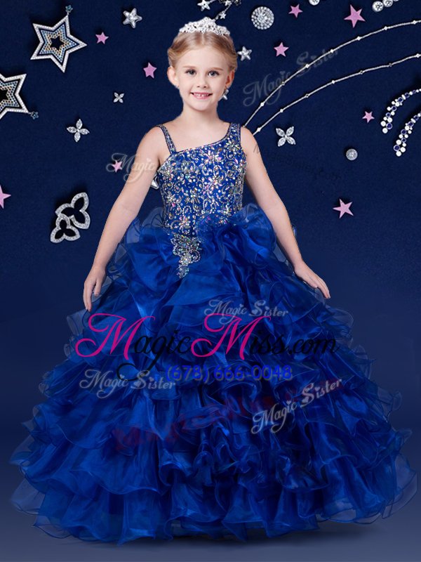 wholesale royal blue lace up little girls pageant dress wholesale beading and ruffled layers sleeveless floor length