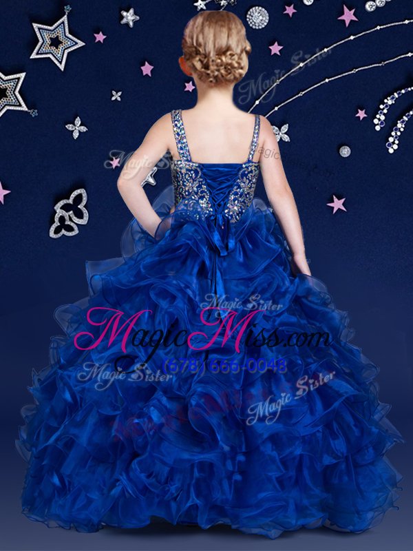 wholesale royal blue lace up little girls pageant dress wholesale beading and ruffled layers sleeveless floor length