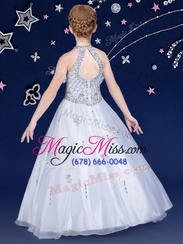 wholesale customized halter top floor length white little girl pageant dress organza sleeveless beading