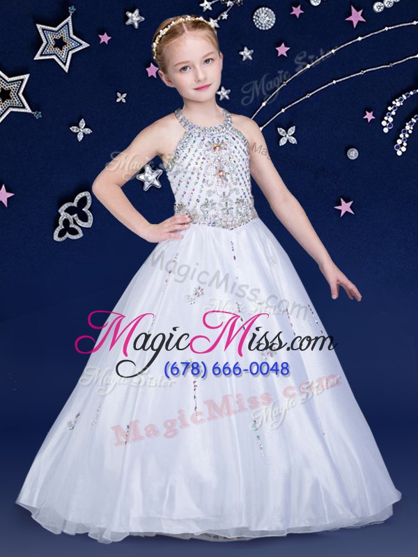 wholesale customized halter top floor length white little girl pageant dress organza sleeveless beading