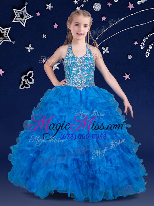 wholesale inexpensive baby blue halter top neckline beading and ruffles pageant gowns for girls sleeveless zipper
