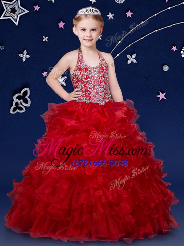 wholesale best halter top wine red ball gowns beading and ruffles little girls pageant gowns zipper organza sleeveless floor length