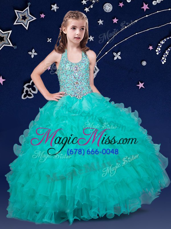 wholesale popular halter top sleeveless floor length beading and ruffles zipper little girls pageant dress wholesale with turquoise