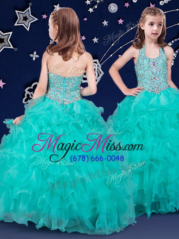 wholesale high quality halter top organza sleeveless floor length little girl pageant gowns and beading and ruffles