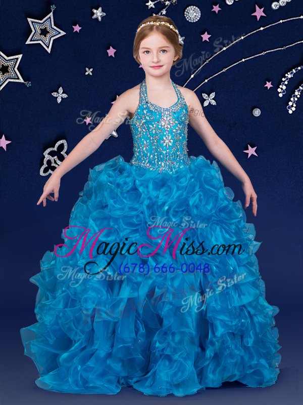 wholesale affordable halter top sleeveless organza kids pageant dress beading and ruffles lace up