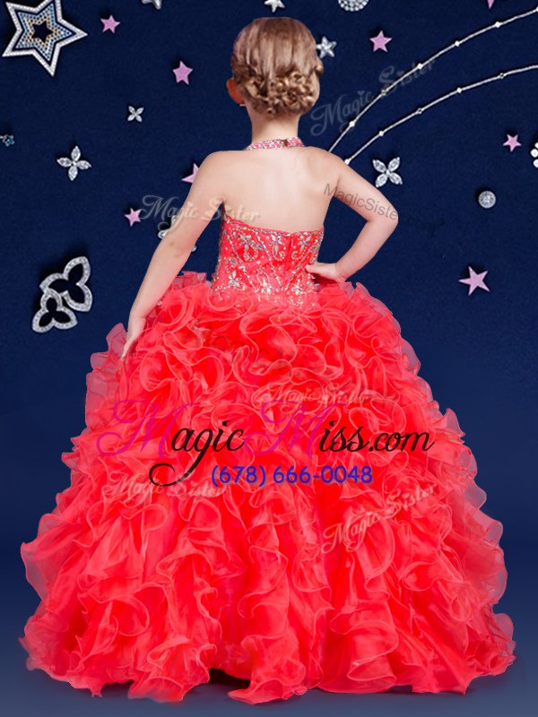 wholesale classical floor length coral red little girls pageant dress halter top sleeveless zipper