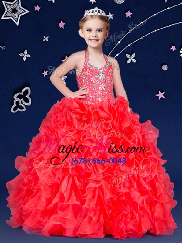 wholesale classical floor length coral red little girls pageant dress halter top sleeveless zipper