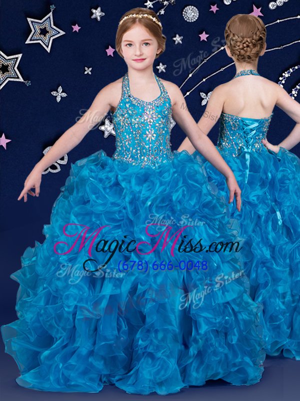 wholesale best white and coral red and blue organza lace up halter top sleeveless floor length kids formal wear beading and ruffles