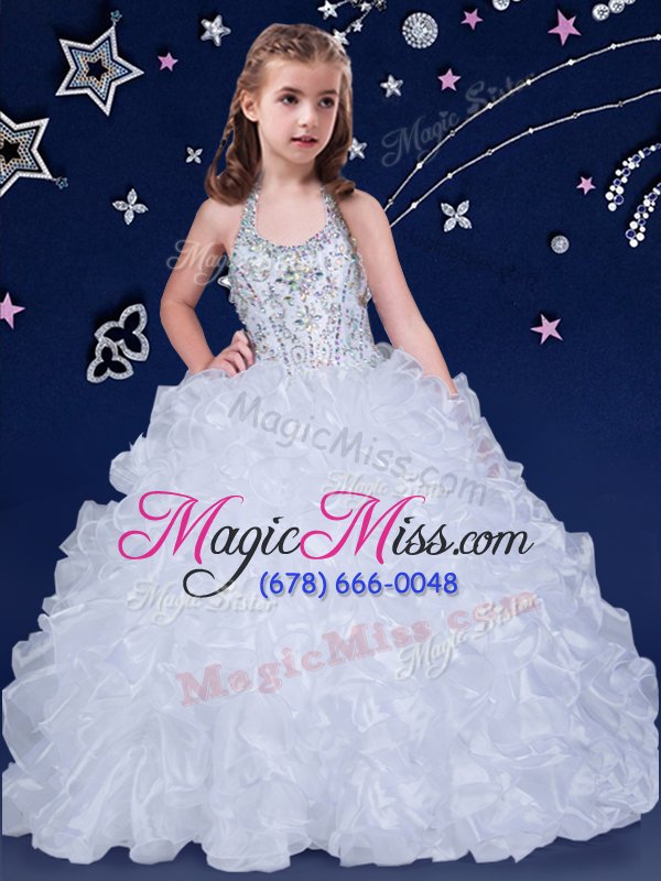 wholesale fashionable floor length white flower girl dress halter top sleeveless lace up