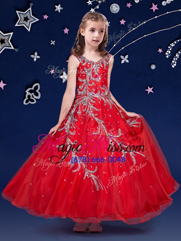 wholesale elegant scoop red zipper kids formal wear beading and appliques sleeveless ankle length