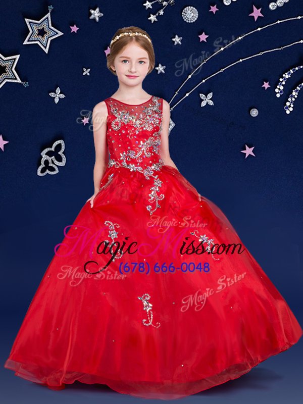 wholesale custom fit scoop sleeveless floor length beading and appliques zipper child pageant dress with red