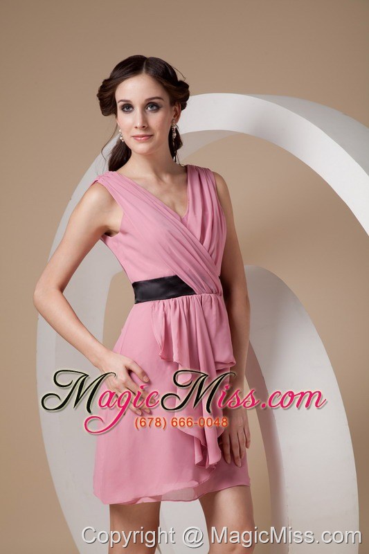 wholesale rose pink column / sheath v-neck mini-length chiffon ruch bridesmaid dress
