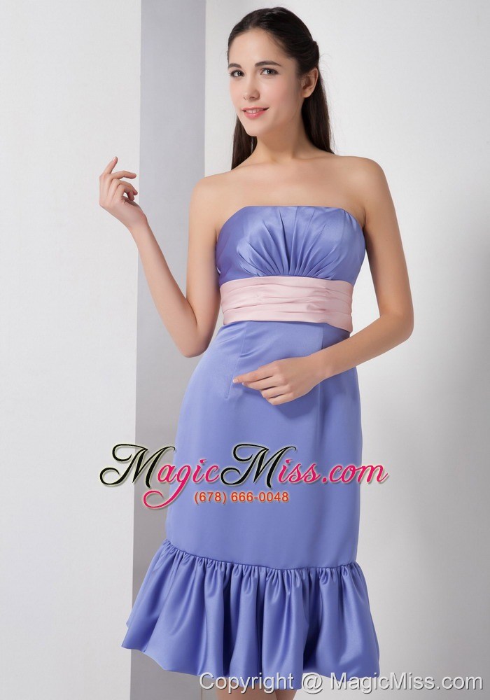 wholesale lilac column strapless knee-length satin belt and ruch prom dress