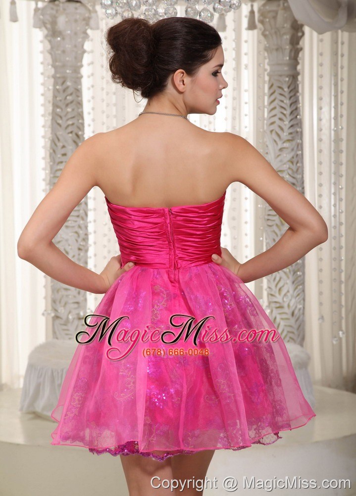 wholesale hot pink a-line sweetheart mini-length taffeta and organza beading and hand made flower prom dress