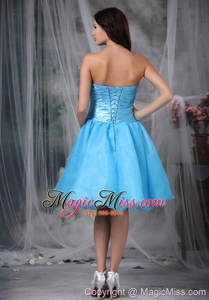 wholesale aqua blue a-line / pricess sweetheart knee-length organza pleat and bow prom / homecoming dress