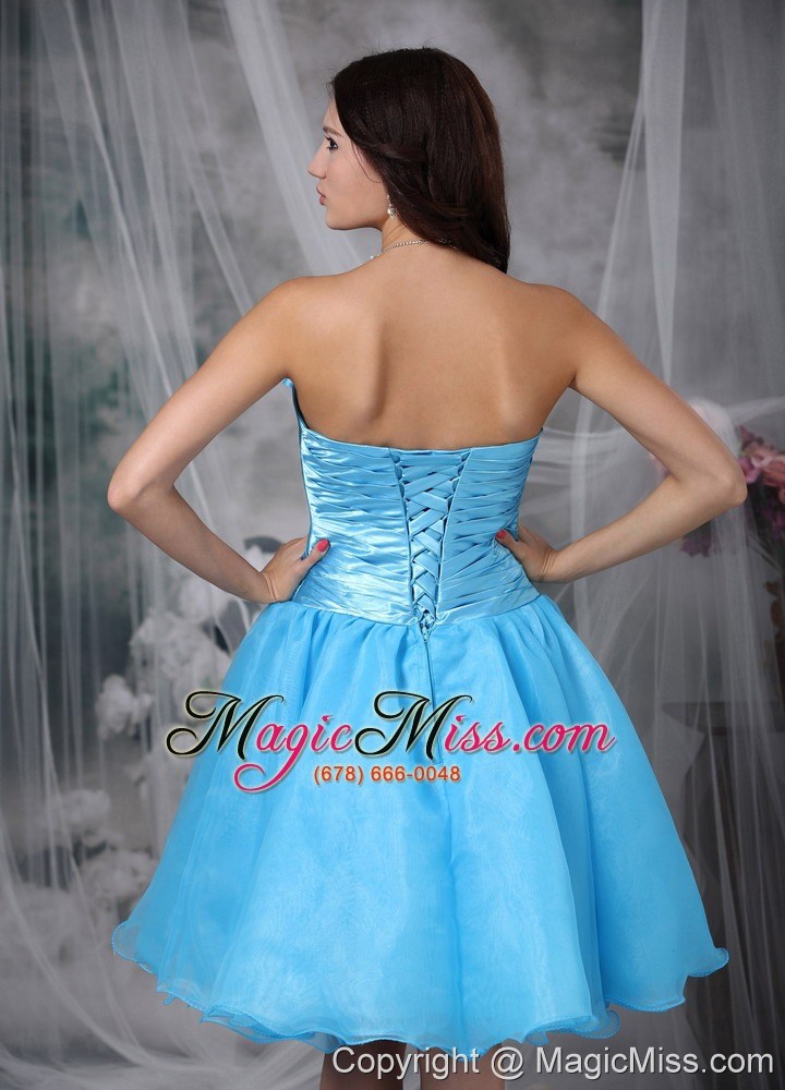 wholesale aqua blue a-line / pricess sweetheart knee-length organza pleat and bow prom / homecoming dress