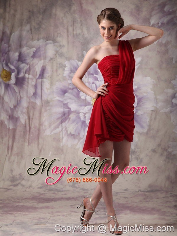 wholesale red column one shoulder mini-length chiffon ruch prom / homecoming dress