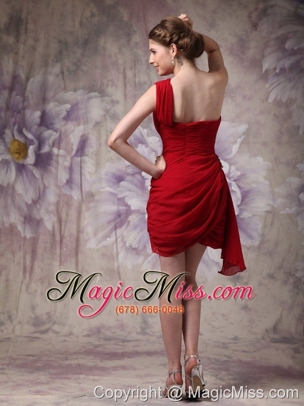 wholesale red column one shoulder mini-length chiffon ruch prom / homecoming dress