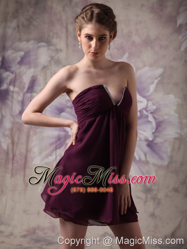 wholesale dark purple a-line v-neck mini-length chiffon beading prom / cocktail dress