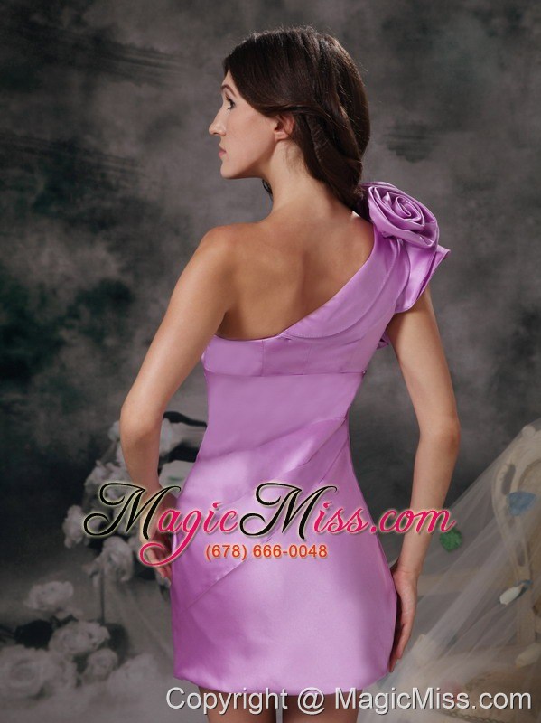wholesale lavender column one shoulder mini-length satin hand made flowers prom dress