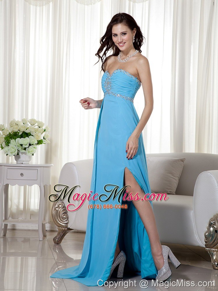 wholesale baby blue empire sweetheart brush train chiffon beading and ruch prom / celebrity dress