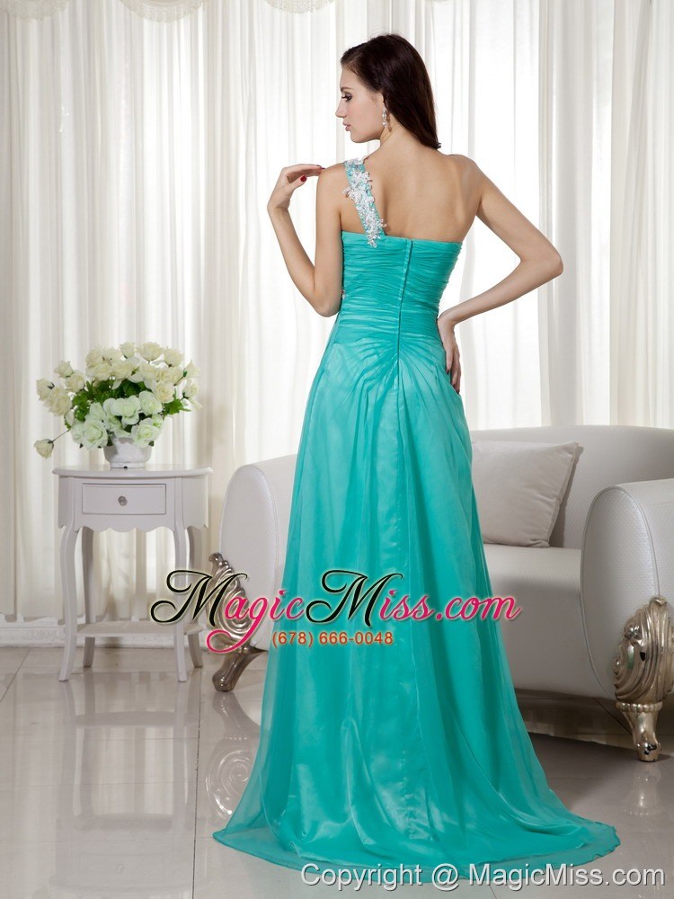 wholesale turquoise empire one shoulder brush train silk like satin and chiffon appliques prom dress