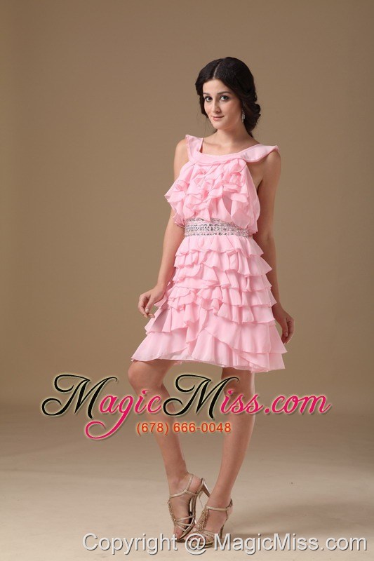 wholesale pink a-line scoop mini-length chiffon beading prom dress