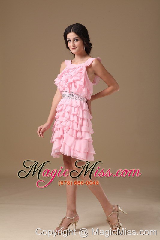 wholesale pink a-line scoop mini-length chiffon beading prom dress