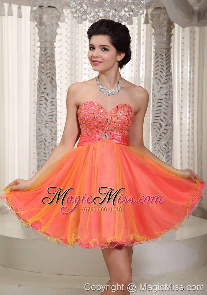 wholesale watermelon and yellow a-line / princess sweetheart mini-length organza beading prom / cocktail dress