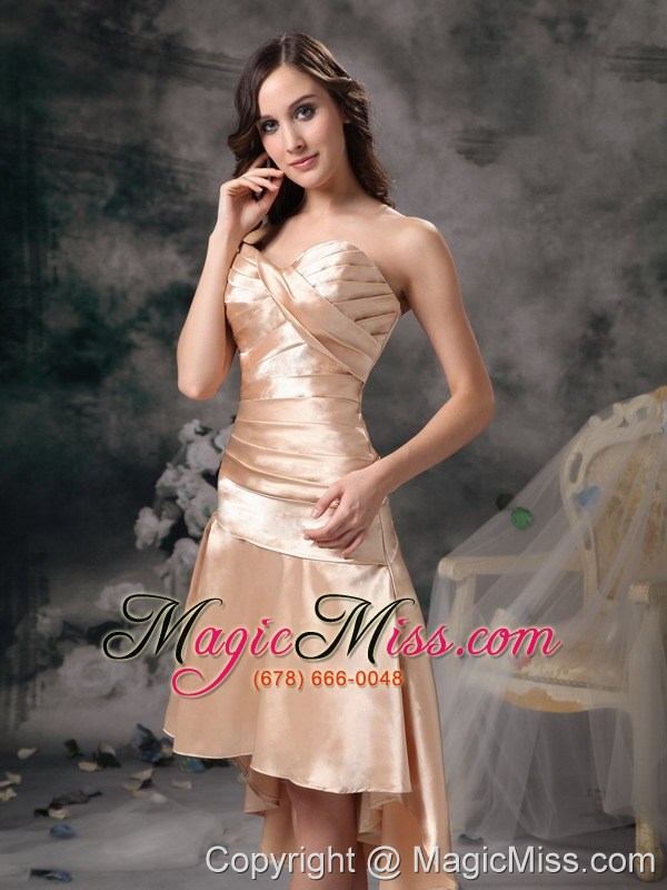 wholesale champagne column sweetheart high-low satin ruch prom dress