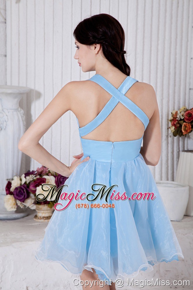 wholesale aqua blue princess v-neck mini-length organza pleat prom / homecoming dress