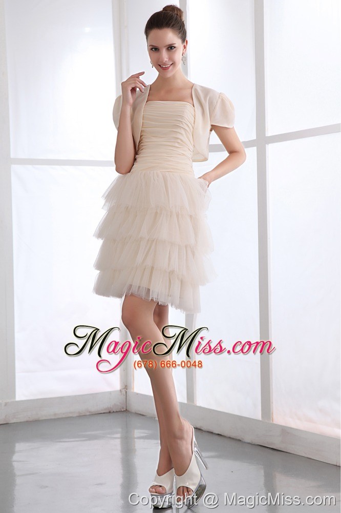 wholesale champagne a-line strapless prom dress ruch and ruffled layers mini-length taffeta and tulle