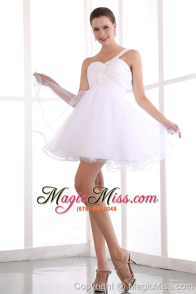 wholesale white a-line one shoulder short prom dress organza beading mini-length