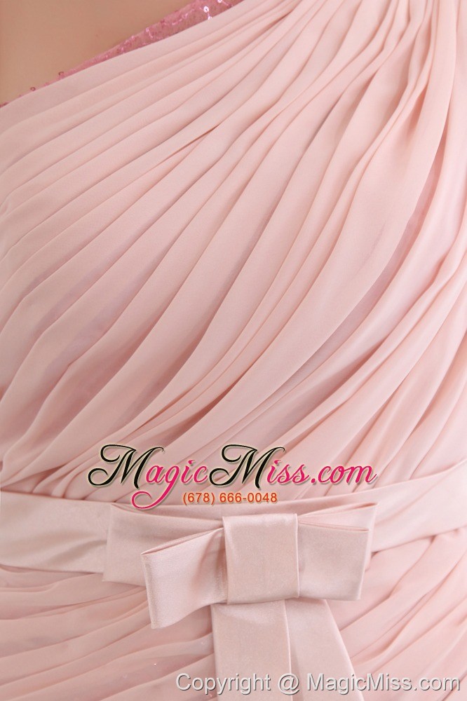wholesale pink column one shoulder mini-length chiffon and sequin bow prom dress