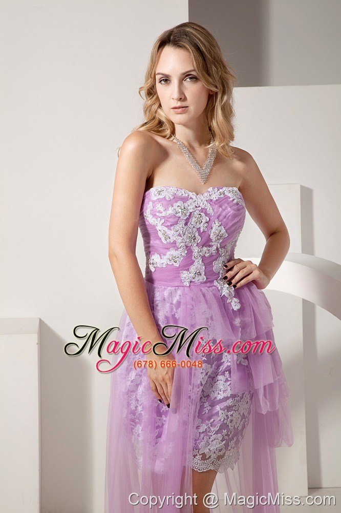 wholesale lilac column strapless high-low taffeta and tulle appliques prom dress