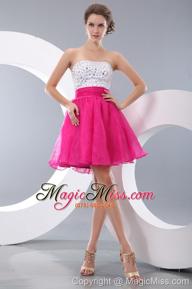 wholesale pretty hot pink a-line / pricess strapless beading short prom / homecoming dress mini-length organza
