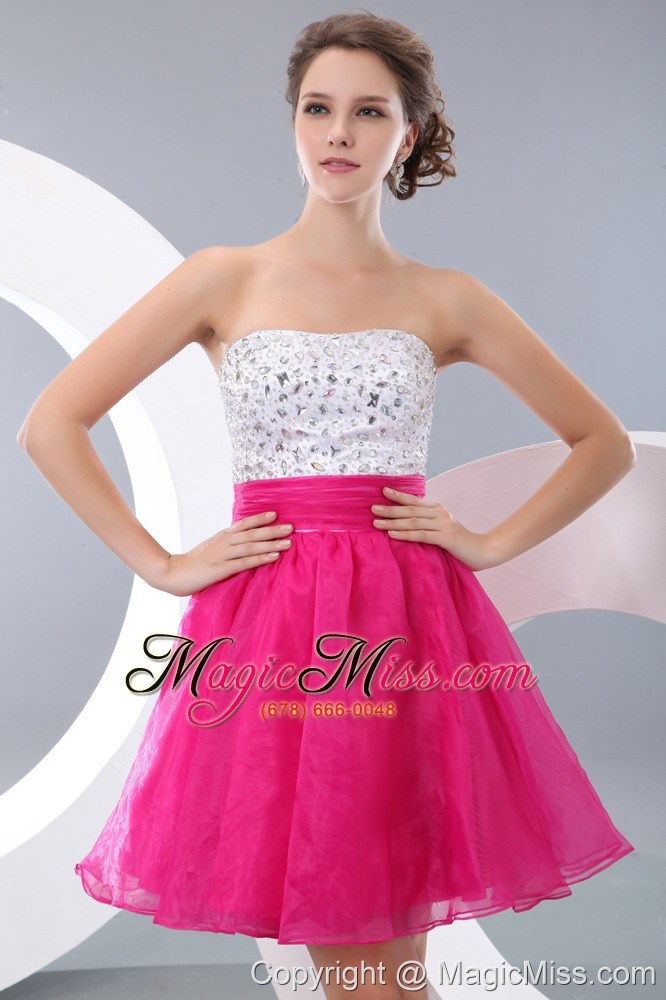 wholesale pretty hot pink a-line / pricess strapless beading short prom / homecoming dress mini-length organza