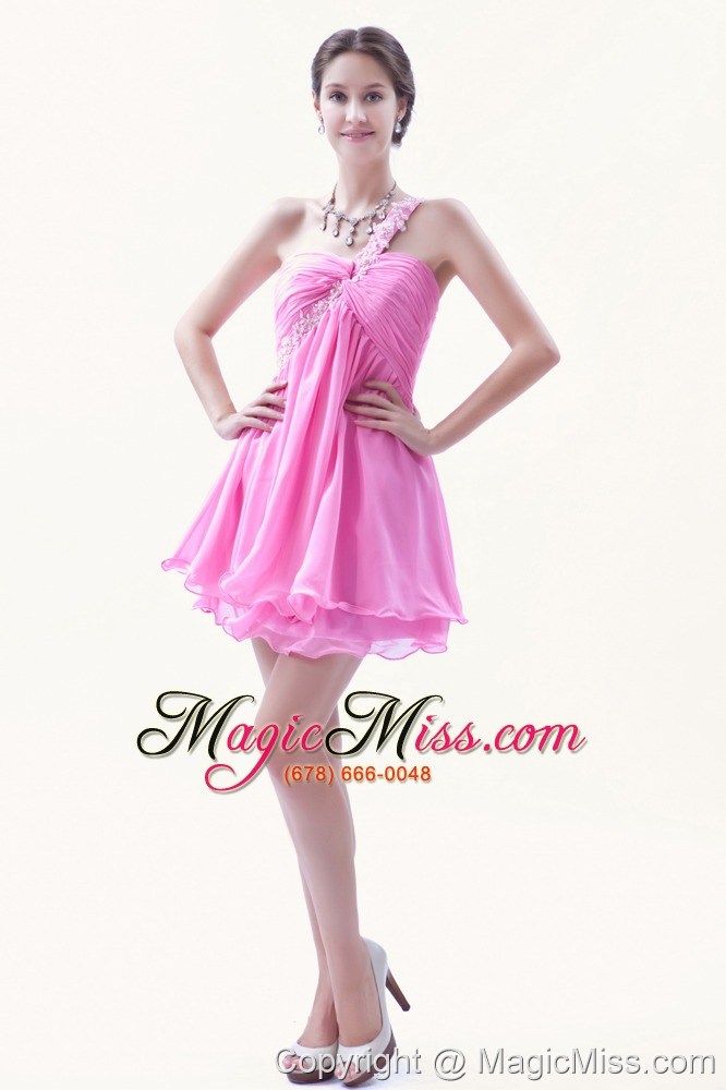 wholesale rose pink a-line / princess beading prom dress one shoulder mini-length organza