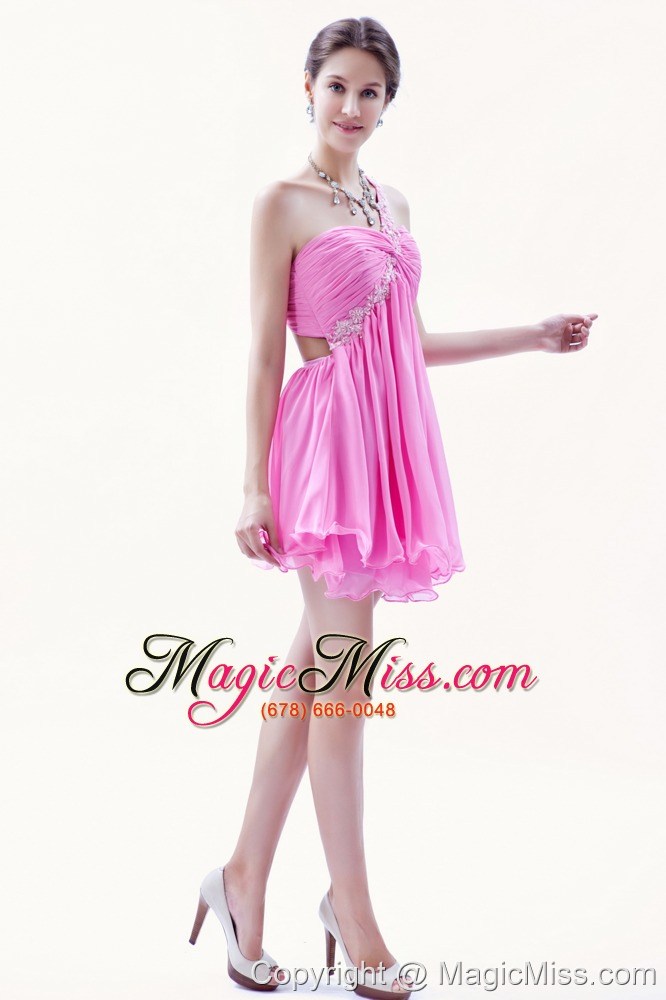 wholesale rose pink a-line / princess beading prom dress one shoulder mini-length organza