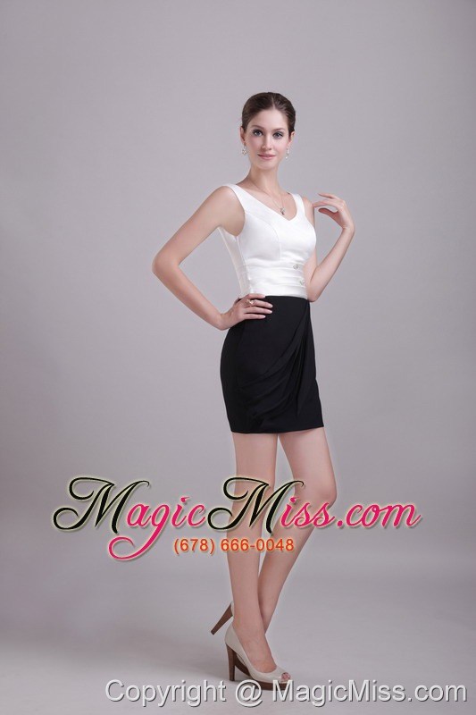 wholesale white and black column/sheath v-neck mini-length satin and chiffon beading prom / homecoming dress