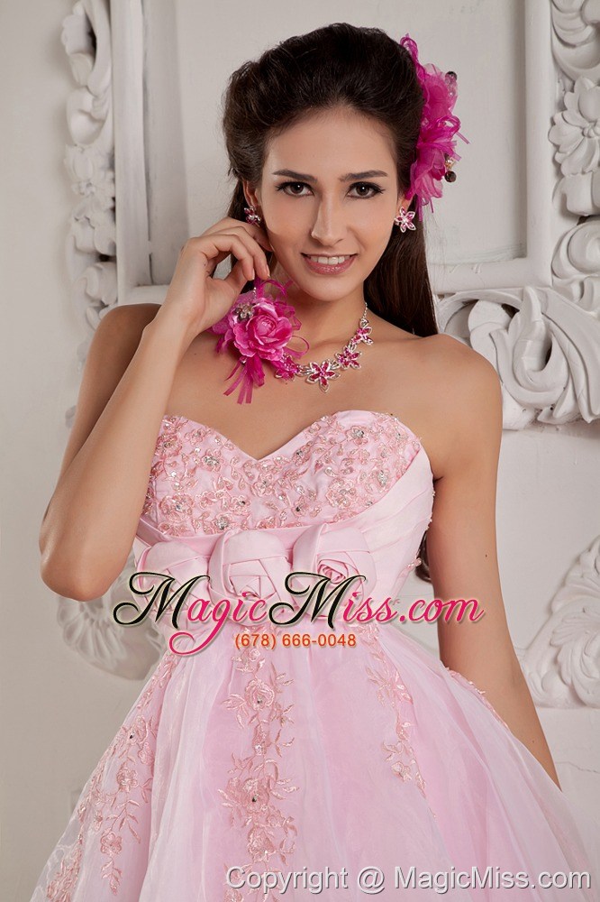 wholesale baby pink a-line / princess sweetheart mini-length organza beading and appliques prom dress