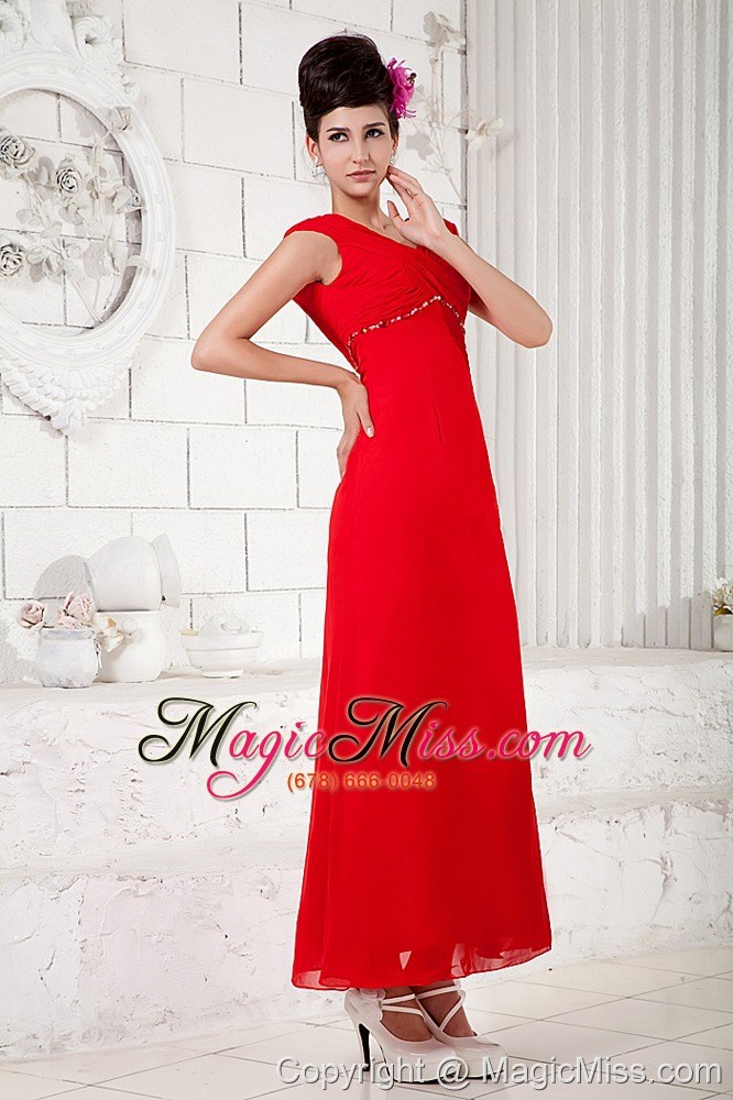 wholesale red column v-neck ankle-length chiffon beading prom dress