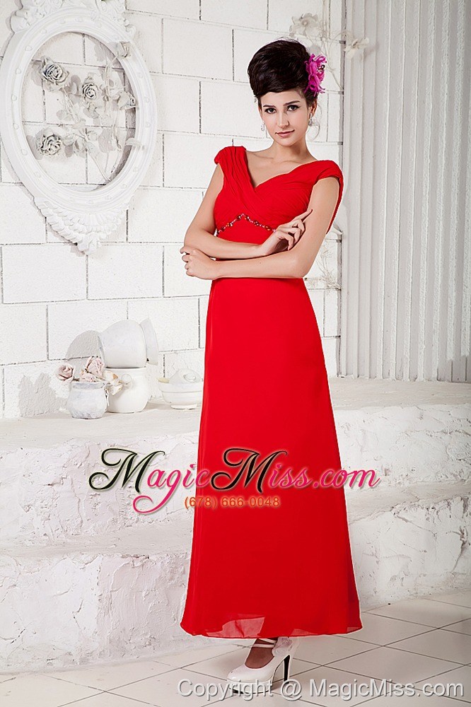 wholesale red column v-neck ankle-length chiffon beading prom dress