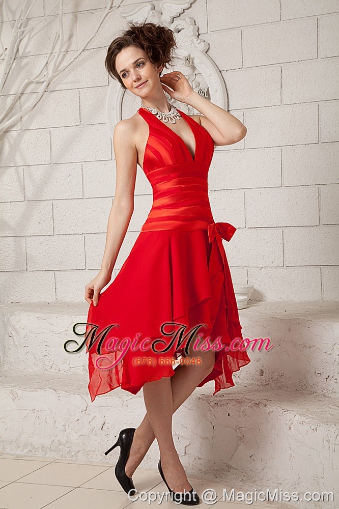 wholesale red empire halter tea-length chiffon ruch prom dress