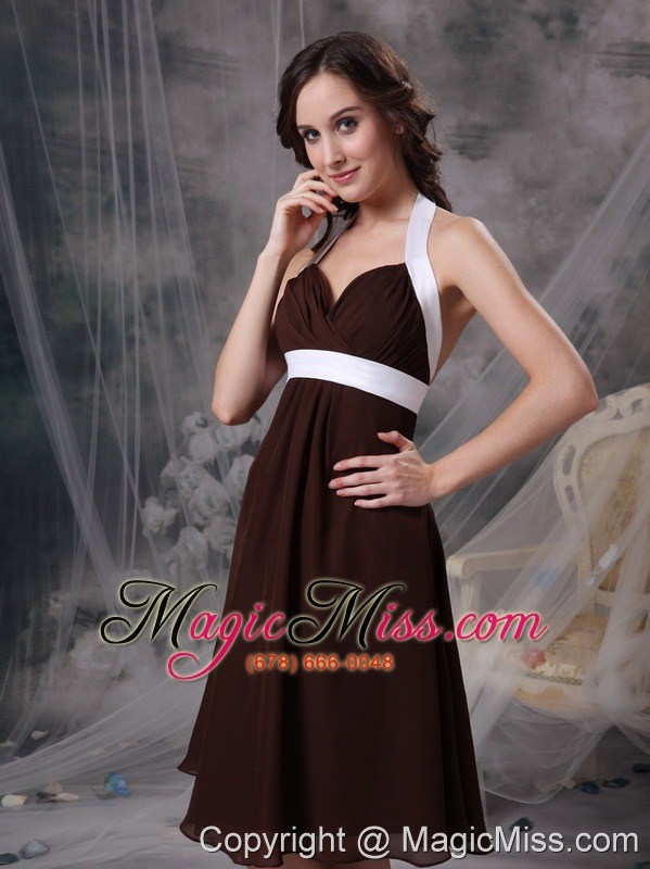 wholesale brown column halter cheap prom dress chiffon ruch knee-length