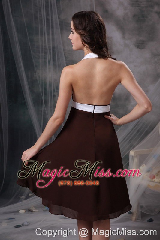 wholesale brown column halter cheap prom dress chiffon ruch knee-length