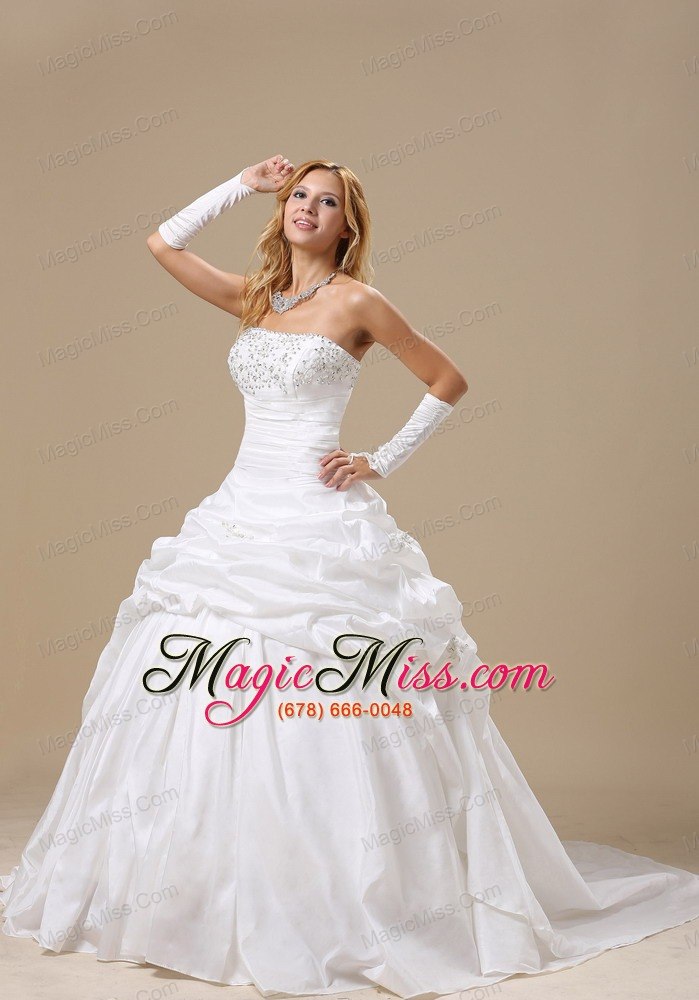 wholesale ball gown wedding dress with appliques decorate bust and ruched pick-ups