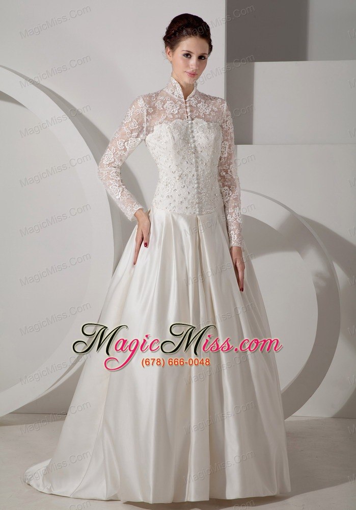 wholesale unique a-line high-neck brush traintaffeta lace wedding dress