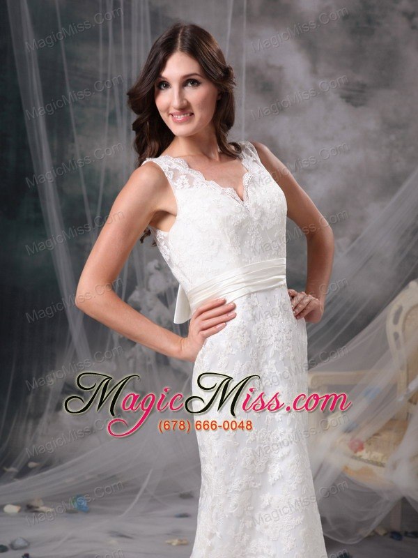 wholesale white column v-neck brush train lace belt wedding dress